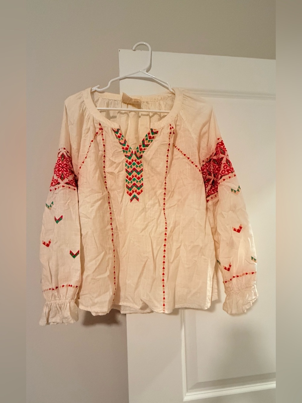 Savanna Jane Cream Peasant Blouse with Red & Green Embroidery - Picture 2 of 6